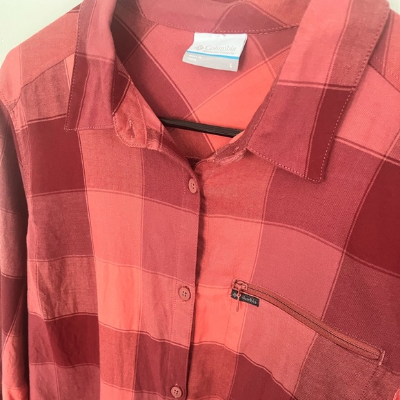 Columbia Flannel Shirt Pink Mauve Button Down Long Sleeve Plaid Fall Top Large - Picture 3 of 5